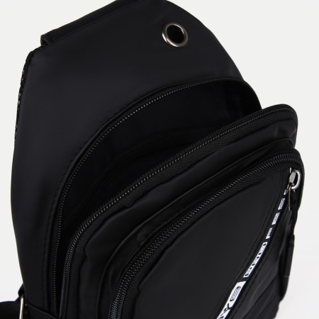 Male sling bag from textiles, headphone opening, black color-6