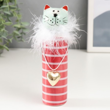 Souvenir Ceramics "A cat in furs with a gold heart" Mint-red 4x4x15.5 cm