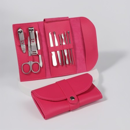 Manicure set "Lucy", 10 objects, leatherette cockee, fuchsia color-2