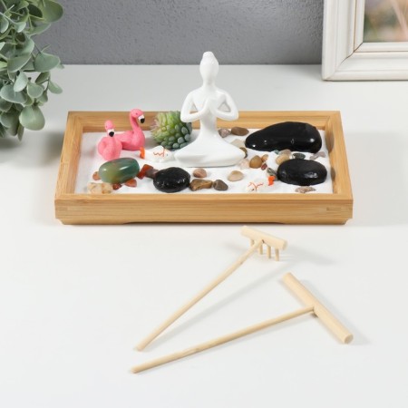 Zen Stones Garden "Buddha and Flamingo" White sand 2.5x21.5x13 cm