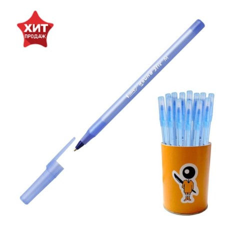 Ballic handle, blue ink, 1.0 mm, average letter, bic round stic classic, glass as a gift