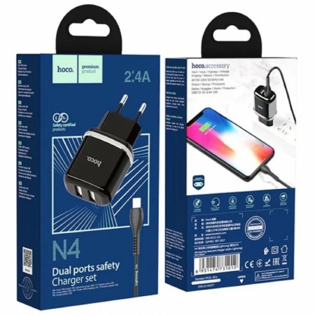 Nice charger Hoco N4, 2xUSB, 2.4 A, Lightning cable, 1 m, black-2