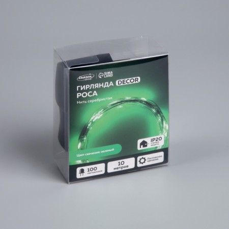 Garland "thread" 10 m dew, IP20, silver thread, 100 LED, green glow, 12 V-6