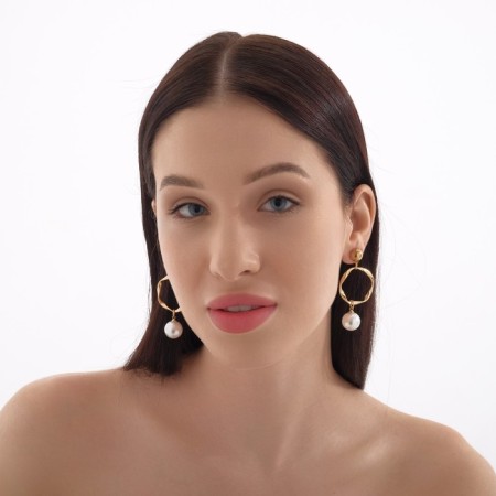 Earrings with pearls "Tenderness" circle with bead, white color in gold-4