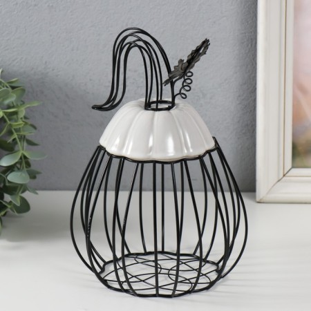 Vazon Metal souvenir, ceramics "Pumpkin with a leaf" Black with white 14.3x14.3x21 cm-3