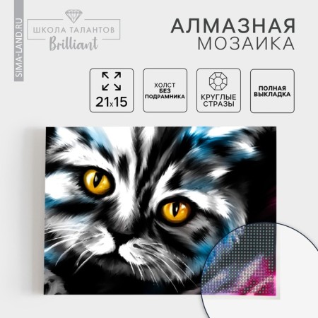 Diamond mosaic with full filling on the canvas "Cat", 15 x 21 cm