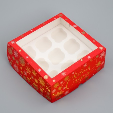 Folding box for 9 cupcakes with a “Happy New Year” window, snowflakes, 25 x 25 x 10 cm, new year-1