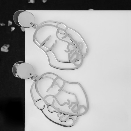 Earrings Metal "Faces" split, silver color-2