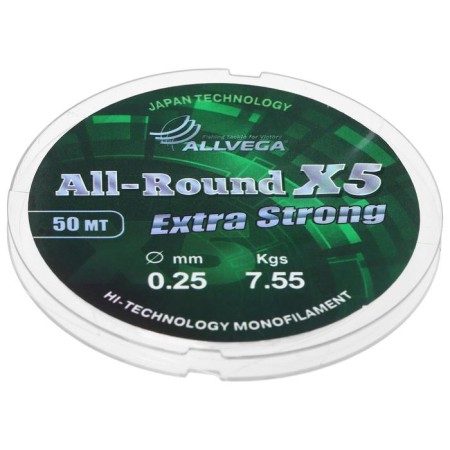 Monophile ALLVEGA ALL-ROUND X5, diameter 0.25 mm, test 7.55 kg, 50 m, transparent