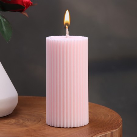 Candle-cylinder with faces, 5x10 cm, light pink, 6 hours