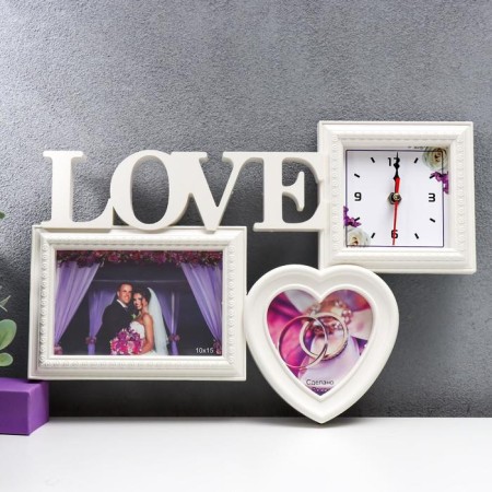 Photo frame with clock "Love" 2 photos, white