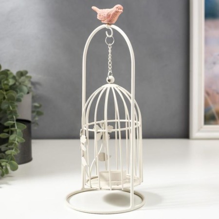 Summary Metal for 1 candle "A cage with flowers with pink bird" White 28.5x12x12 cm-2