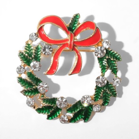 Brooch "Festive wreath", red-green color in gold