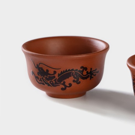 A set for the tea ceremony ceramic "Dragon", 5 items: 4 bowls 25 ml, kettle 200 ml, brown color-1