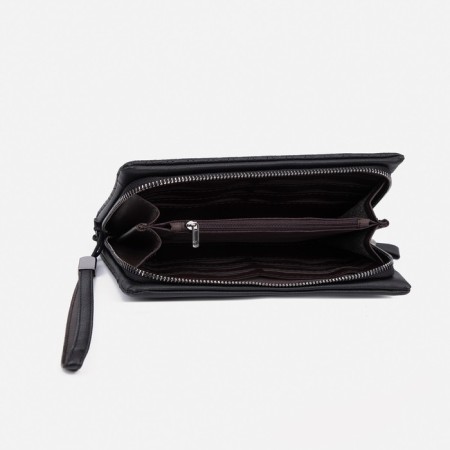 Male purse with zipper, department for bills, for maps, for coins, black color-2