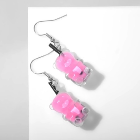 Mishka earrings transparent, black-pink color in silver-1