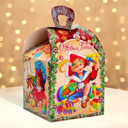 New Year. Gift box New Year's cube maxi "Children's Happiness" 15 x 15 x 19 cm.