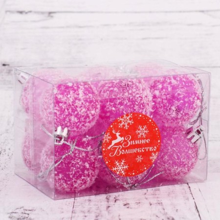 Set of balls plastic D-4 cm, 12 pcs "snowy" raspberry-white-1