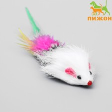 A mouse made of natural fur with a tail of feathers, 6.5 cm, a mix of flowers