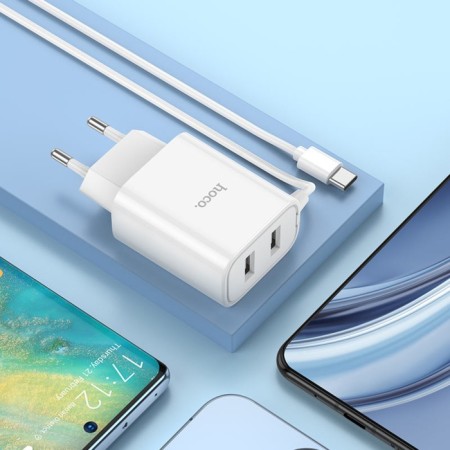 Network charger HOCO C103A, 2 USB, 2.1 A, built-in Type-C, 1 m, white cable.-5