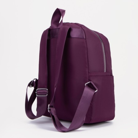 A backpack with a zipper, an outer pocket, 2 side pockets, a wallet, a purple color-3