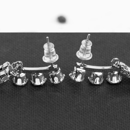 Hanging earrings with rhinestones "drops" three threads, white color in silver, 14 cm-3