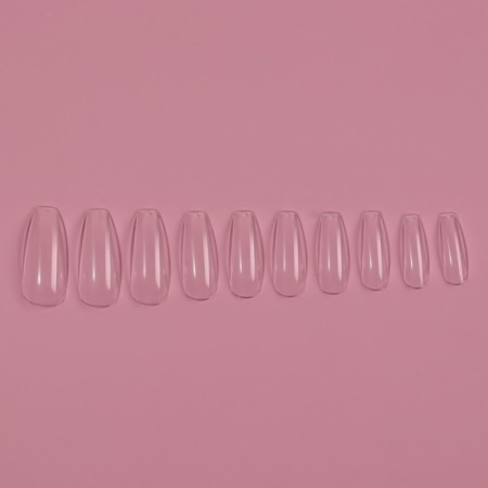 Tips for nail extension, 100 pcs, ballerina shape, full coating, in the container, the color is transparent-2