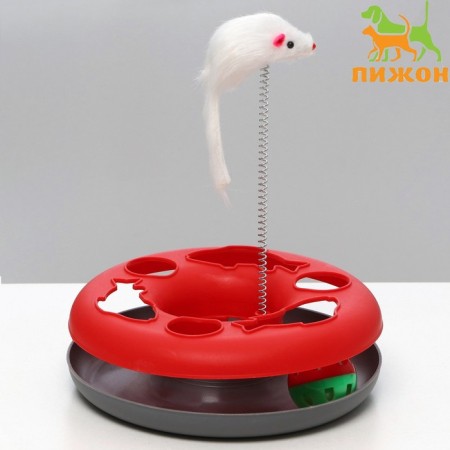 A toy for cats "Mysterious circle - fish", a mouse on a spring and a ball, 23x7 cm, red/gray