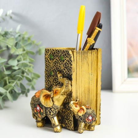 Souvenir Polystone Pencil "Elephant and Elephant in the Popone with Flower" Bronze 8.5x9x11.5 cm-1