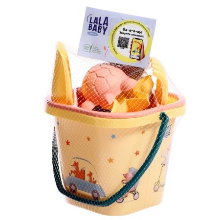 Set for playing in the sand: bucket, sieve, scoop, rake, 4 molds-10