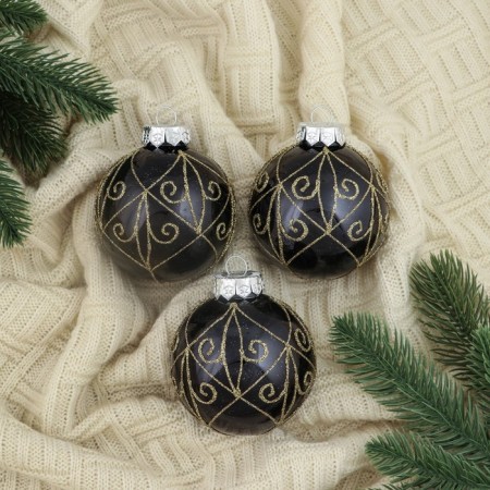 Set of balls Plastic D-8 cm, 3 pcs "Fairytale patterns" curls, golden-black
