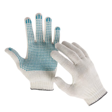 Workers, m/b gloves, knitting 7 class, 5 threads, size 9, with PVC dots, white, Greengo