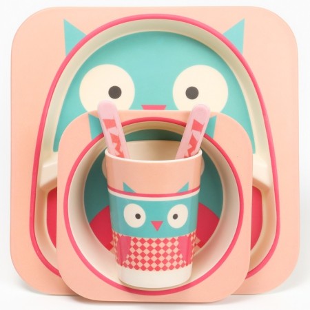 A set of children's utensils from the bamboo “Owl”, 5 objects: plate, bowl, glass, cutlery-8