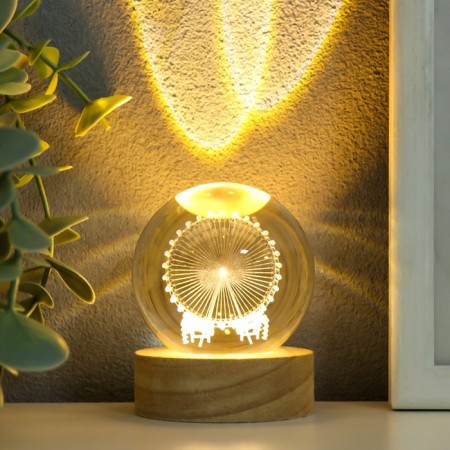 Souvenir Glass backlight "Ferris wheel" d = 6 cm stand wood, usb 6.5x6.5x7.5 cm-1