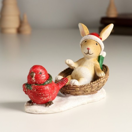 Polystone souvenir "Bunny in a basket and red bird" 13x6x8 cm