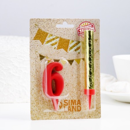 Candle for cake the number "Oval" Red "6" + Fountain-1