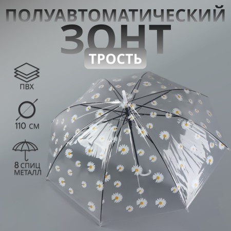 Umbrella - a semiautomatic “chamomile” cane, 8 spokes, r = 45 cm, transparent/white color