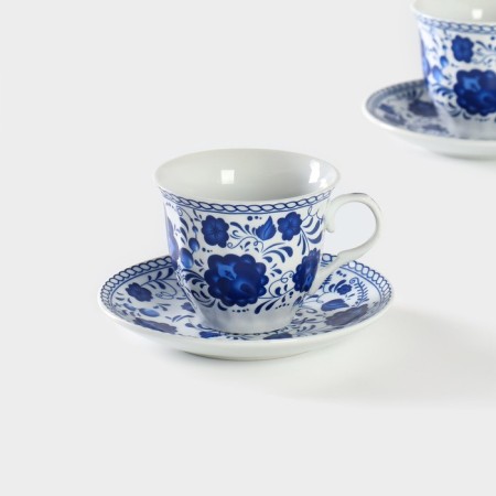 A set of tea ceramic shares "Russian pattern", 4 items: 2 cups 210 ml, 2 saucers d = 14.1 cm, blue blue color-2