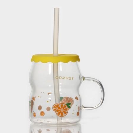 Glass mug with silicone lid and pipe "Frutis", 400 ml, color mix-9