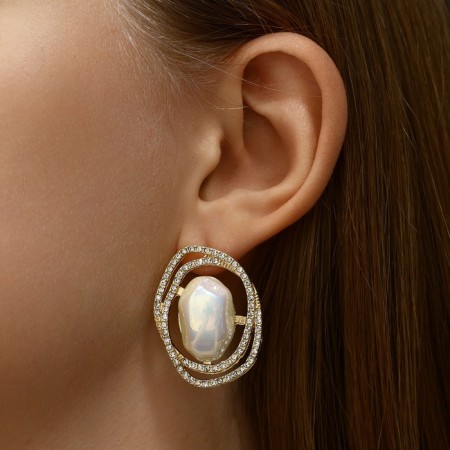 Earrings with pearls "abstraction" desire, white color in gold, stone shape and color mix-3