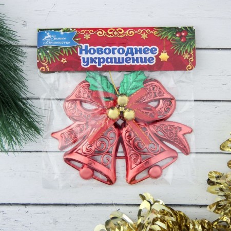 Jewelry decoration "double bell with balls and ribbon" 12.3x9.5 cm, red-2