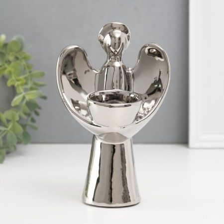 Ceramics candlestick on 1 candle "Angel with a halo" d = 4 cm silver 11.5x10x18.5 cm-1