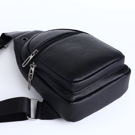 Male sling bag, artificial leather, headphone opening, black color-5