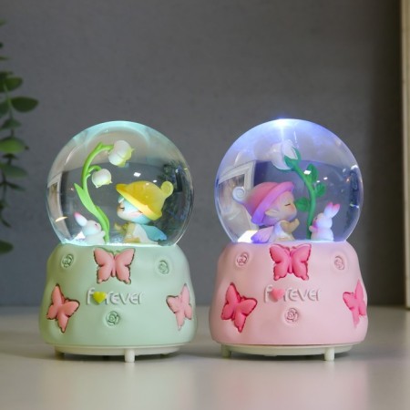 Souvenir polystone water ball light, music "Baby with a rabbit" MIX 8.5x8.5x12.8 cm-1