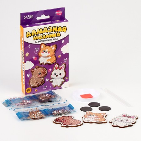 Diamond mosaic on a wooden magnet for children "Cute Beasts", a set for creativity-1