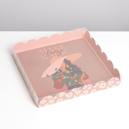 Cookie box, confectionery packaging with PVC lid, Make Today Magic, 18 x 18 x 3 cm