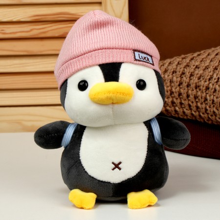 Soft toy "Penguin" with a backpack, in a pink hat, 22 cm-3
