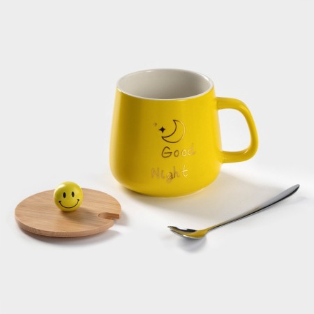 Ceramic mug "Smile", 350 ml, with a wooden lid and spoon, color and pattern mix-3
