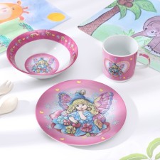 A set of children's utensils from ceramics of the Duhmovochka Dolyan, 3 items: a mug 230 ml, a bowl of 400 ml, a plate d = 18 cm, white color