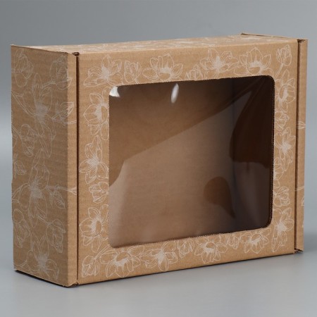 Box a gift team with a window, packaging, "flowers", brown, 27x10x21 cm-1